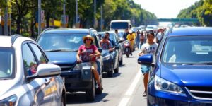 Busy road with cars and pedestrians practicing safe driving.